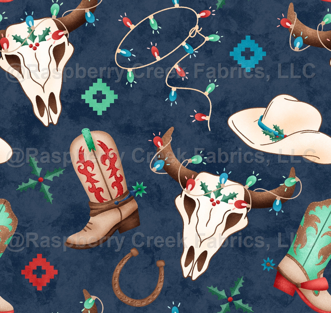 All I Want For Christmas Cowboy Navy Fabric, Raspberry Creek Fabrics, watermarked