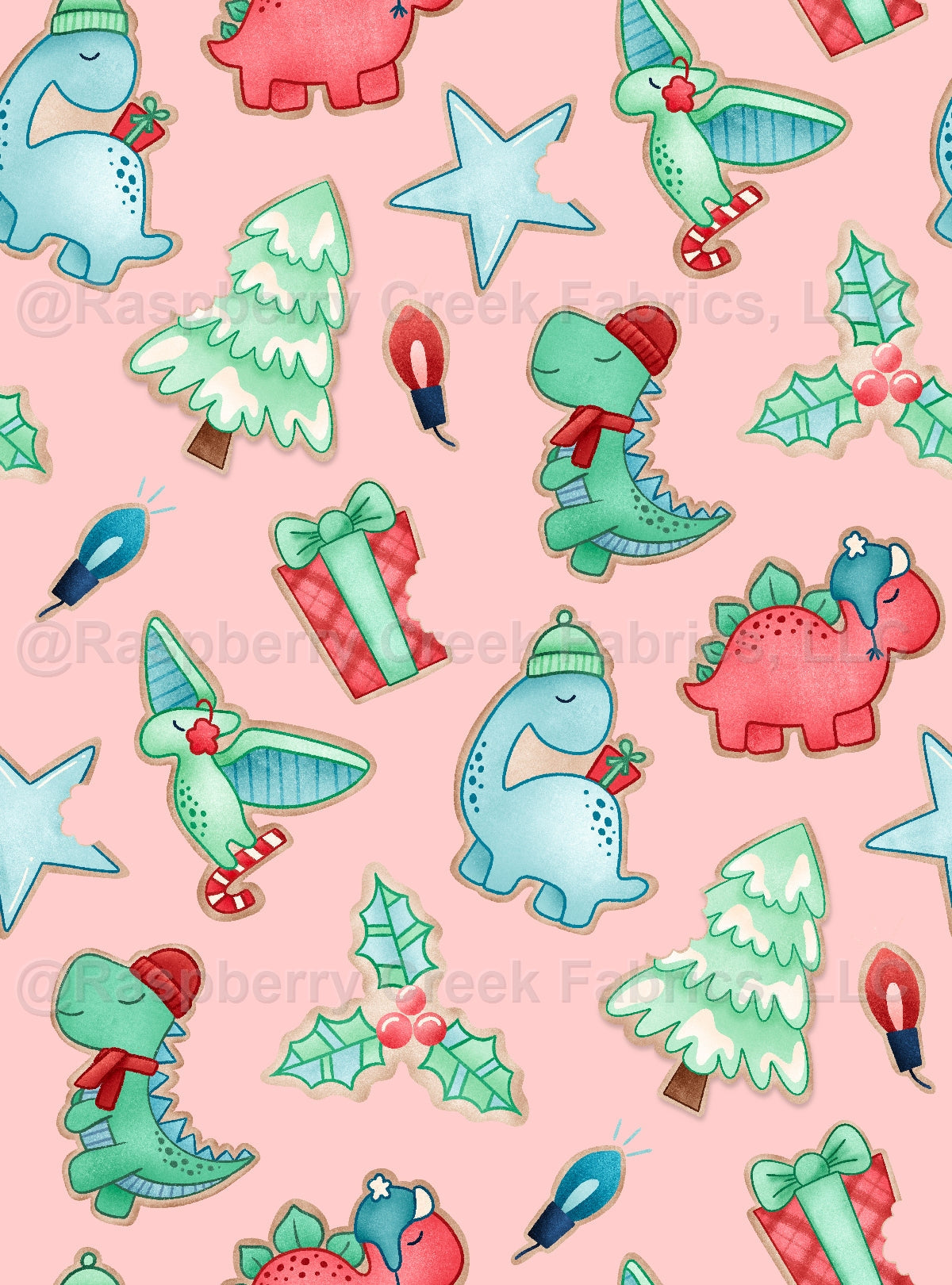 All I Want For Christmas Dinosaurs Pink Fabric, Raspberry Creek Fabrics, watermarked