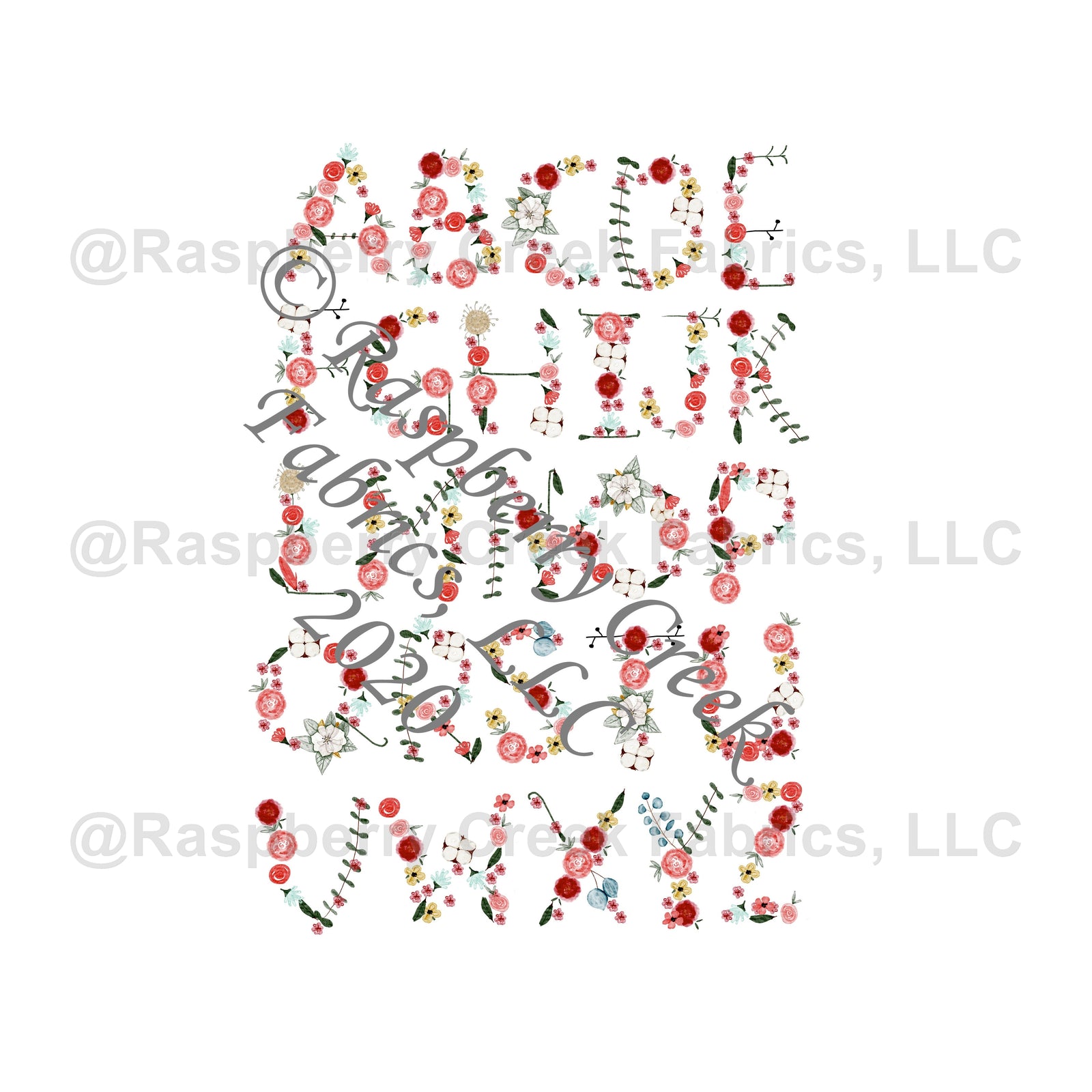 Red Salmon Dusty Blue and Pale Yellow Petite Floral Alphabet Panel, Floral Alphabet by Bri Powell for Club Fabrics Fabric, Raspberry Creek Fabrics, watermarked