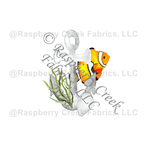 Grey Yellow Orange and Olive Anchor Clown Fish Panel, Under The Sea By Brittney Laidlaw for Club Fabrics Fabric, Raspberry Creek Fabrics, watermarked