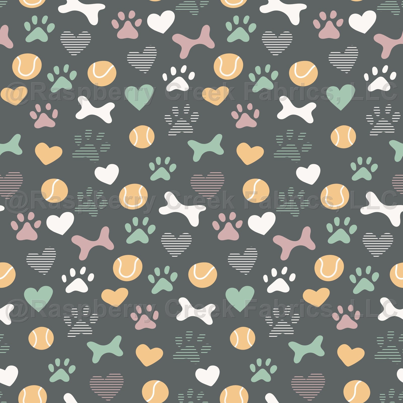 Puppy dog play bones balls paws on dark pastel background , Raspberry Creek Fabrics, watermarked