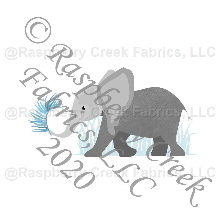 Tonal Grey and Blue Baby Elephant Panel, Baby Animals by Elise Peterson for Club Fabrics