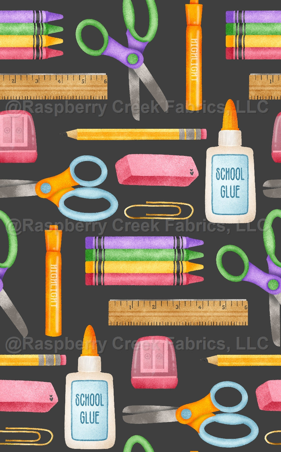 Back 2 School Supplies Black Fabric, Raspberry Creek Fabrics, watermarked