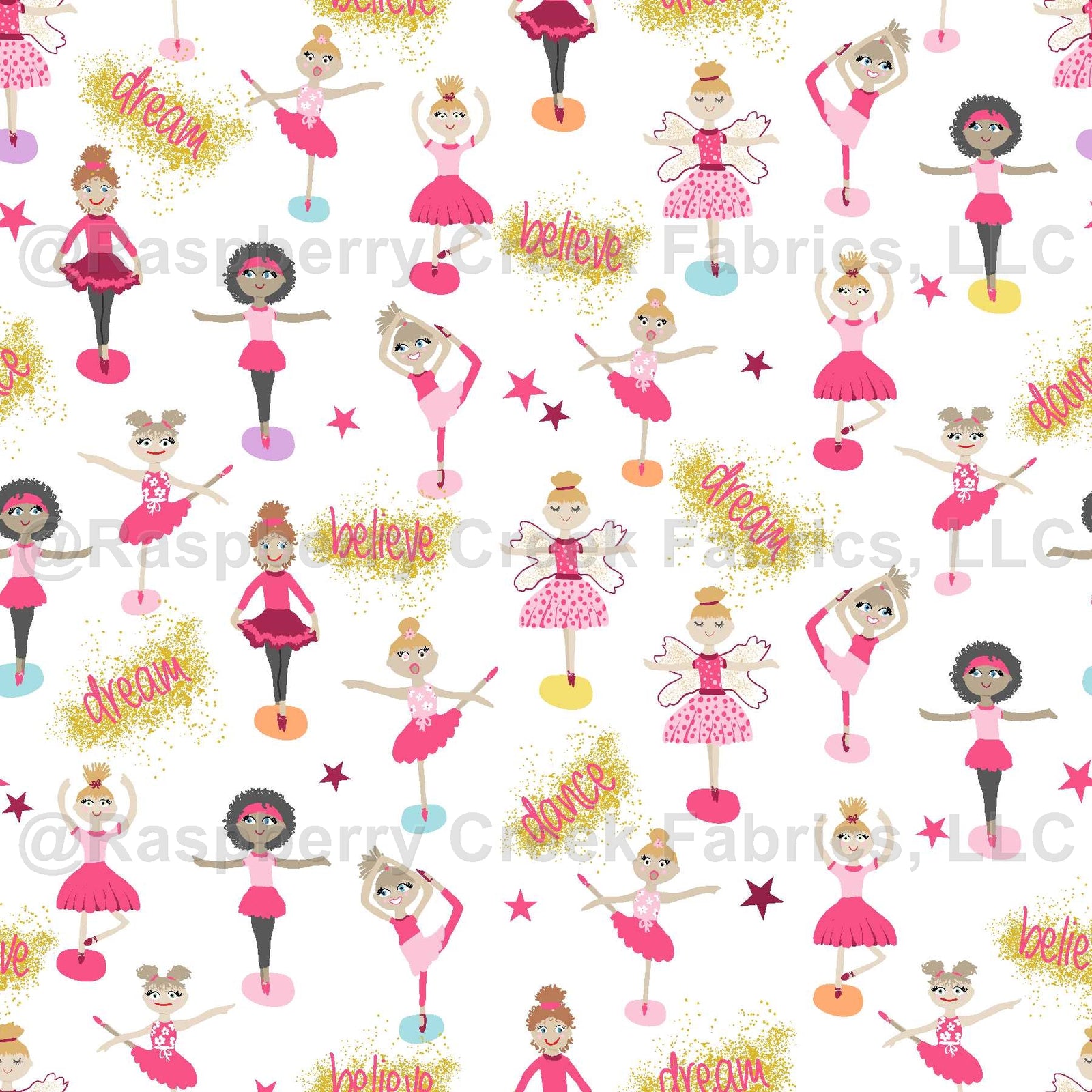 Dancing ballerinas - Cute ballet dancers in various poses with word dance, believe dream scattered throughout the print pattern by Annette Winter