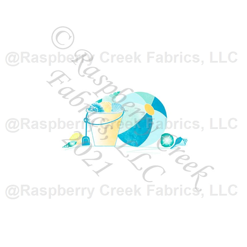 Teal Green Yellow and Blue Beach Day Panel, Beach Day by Elise Peterson for Club Fabrics Fabric, Raspberry Creek Fabrics, watermarked