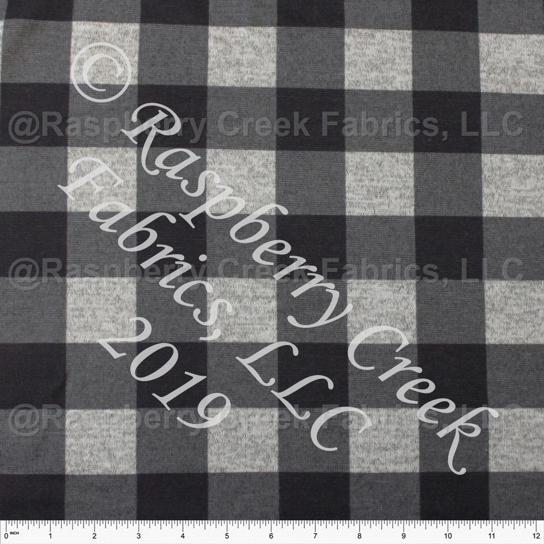 Black and Heathered Grey Buffalo Plaid Brushed Heathered Hacci Sweater Knit Fabric, CLUB Fabrics Hacci Fabric, Raspberry Creek Fabrics, watermarked