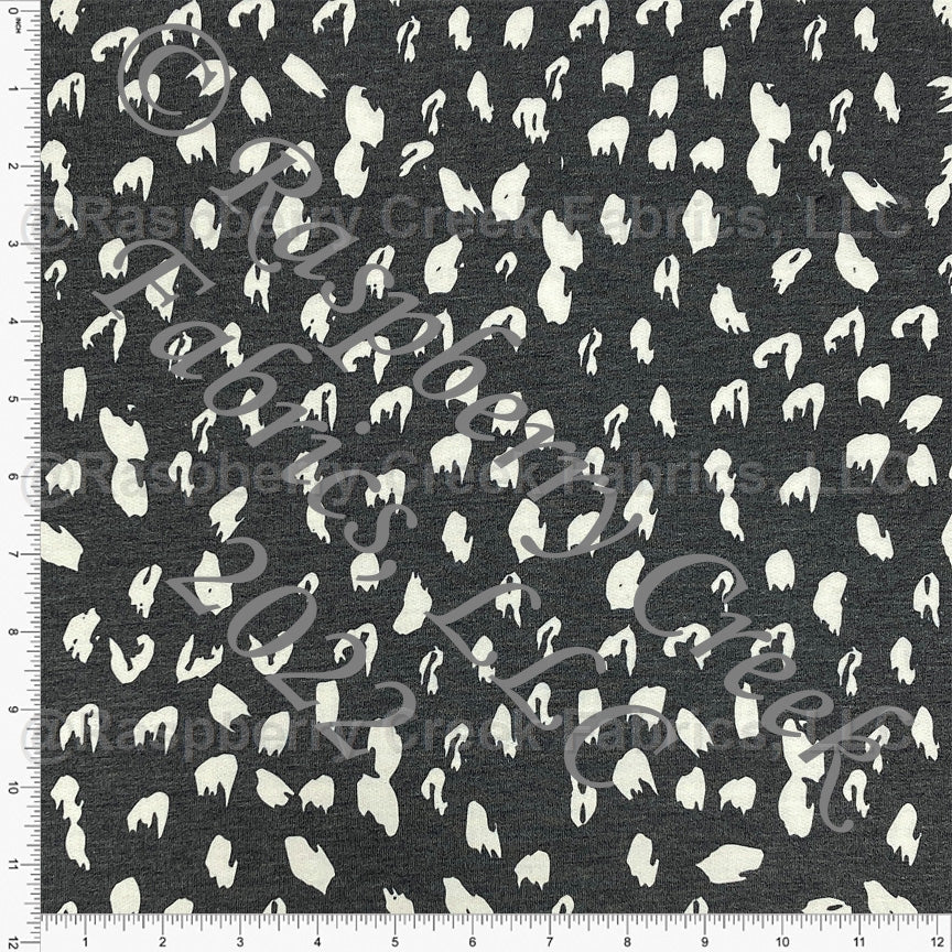 Charcoal and Cream Tossed Animal Spot Heathered FLEECE Sweatshirt Knit Fabric, By Kim Henrie for CLUB Fabrics Fabric, Raspberry Creek Fabrics, watermarked