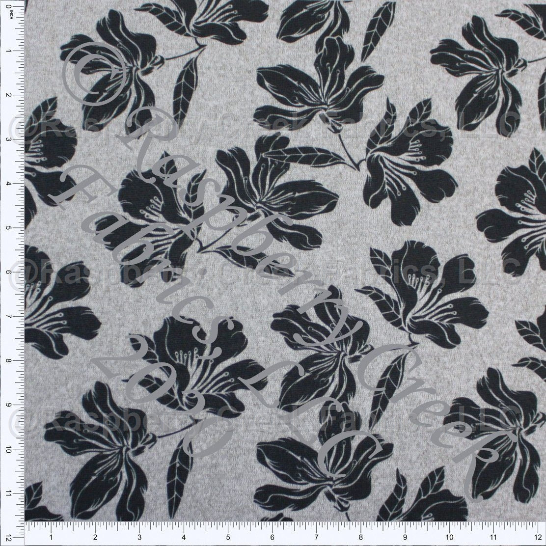 Black and Heathered Grey Floral Brushed Heathered Hacci Sweater Knit Fabric, CLUB Fabrics Fabric, Raspberry Creek Fabrics, watermarked