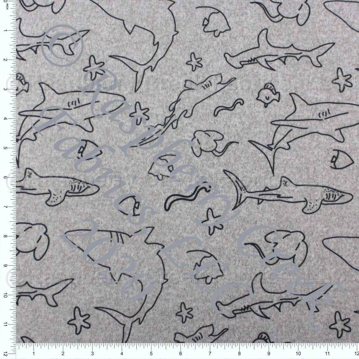 Black and Heathered Grey Shark Silhouette Brushed Heathered Hacci Sweater Knit Fabric, By Brittney Laidlaw for CLUB Fabrics Fabric, Raspberry Creek Fabrics, watermarked