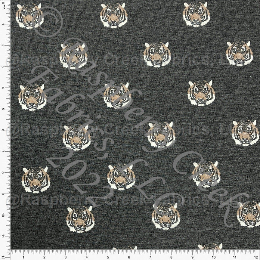 Charcoal and Brown Tiger Face Heathered FLEECE Sweatshirt Knit Fabric, By Kim Henrie for CLUB Fabrics Fabric, Raspberry Creek Fabrics, watermarked