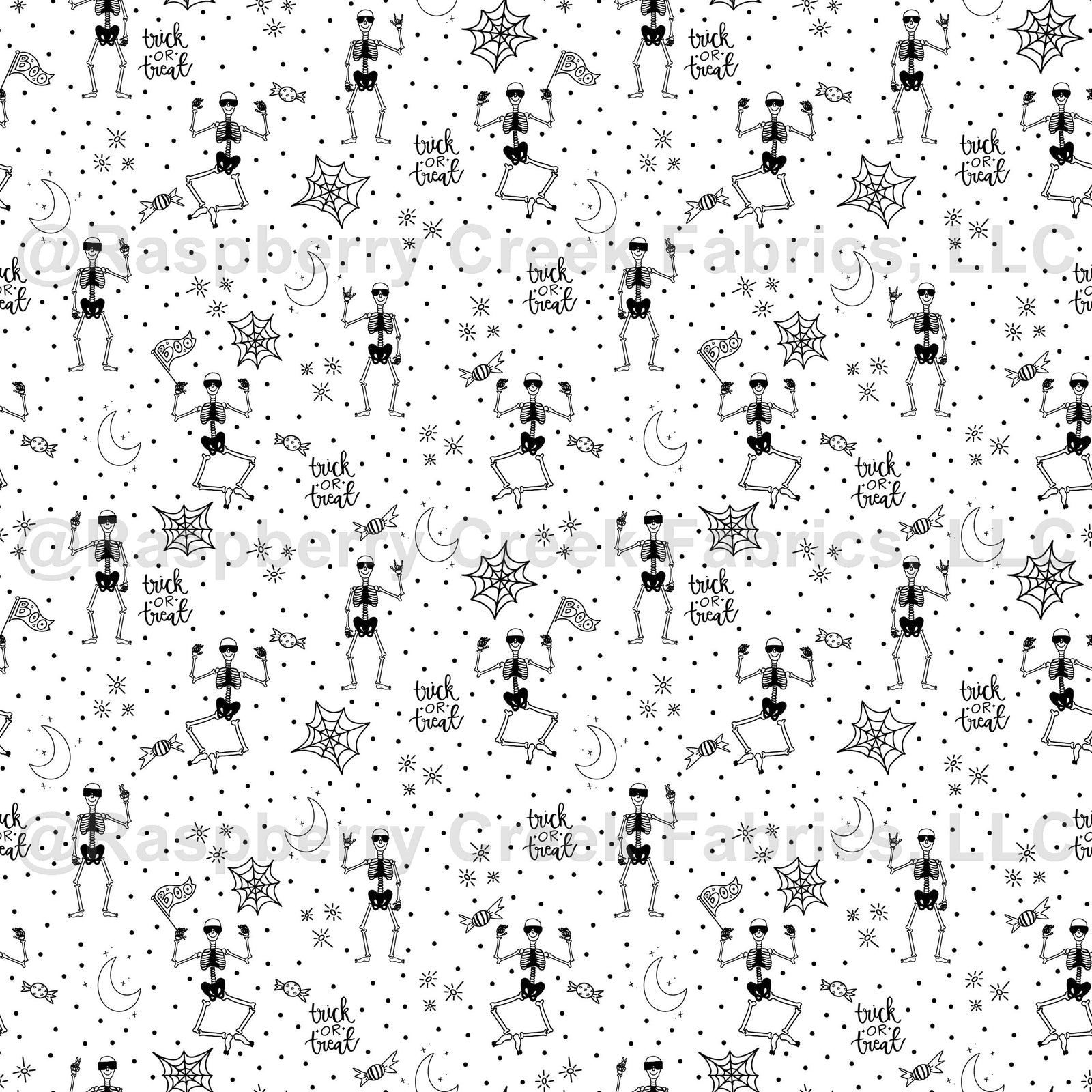 Black and White Happy Skeletons, Happy Halloween by Kimberly Henrie Fabric, Raspberry Creek Fabrics, watermarked