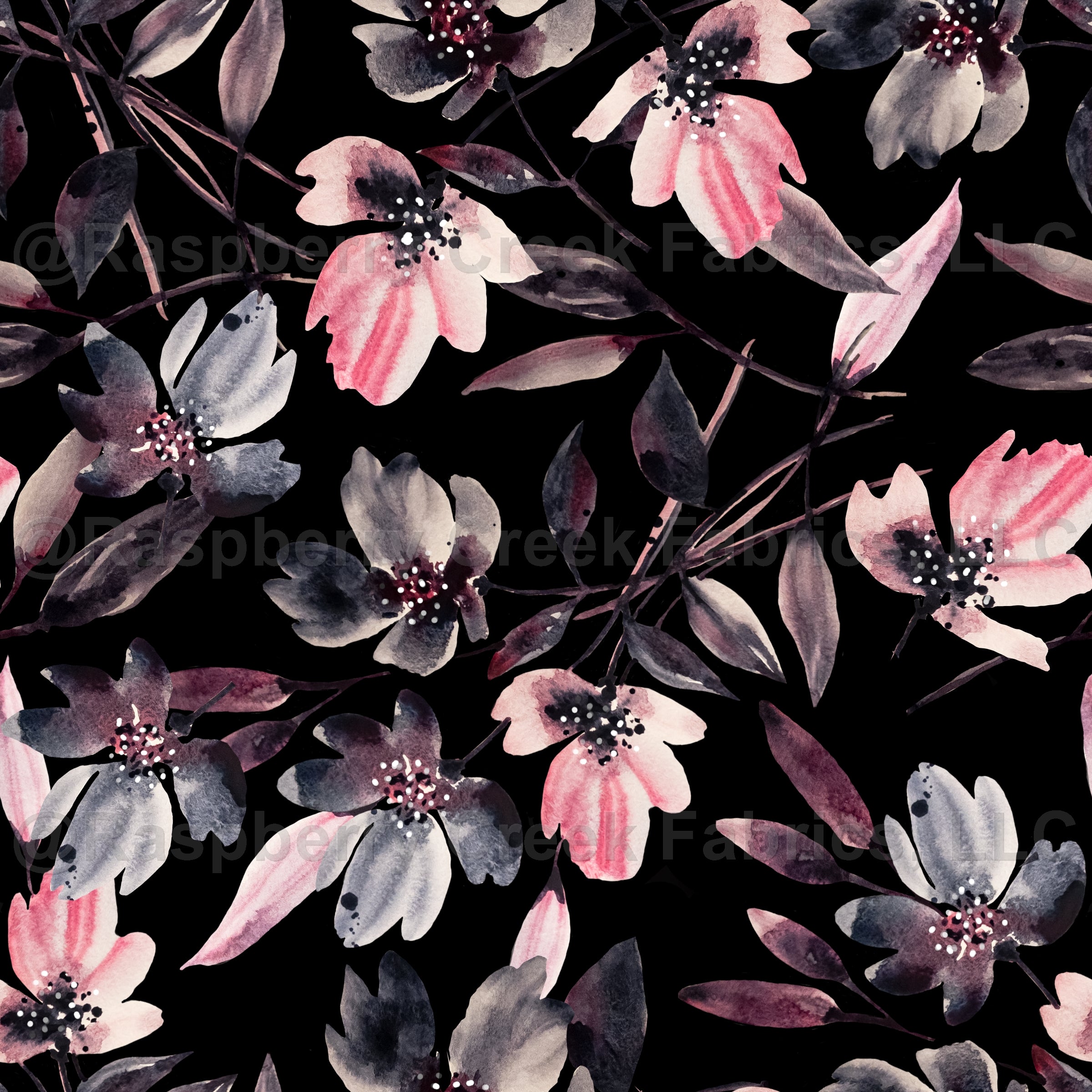 Beatrice Black Gray Magenta Watercolor Floral on Black Fabric