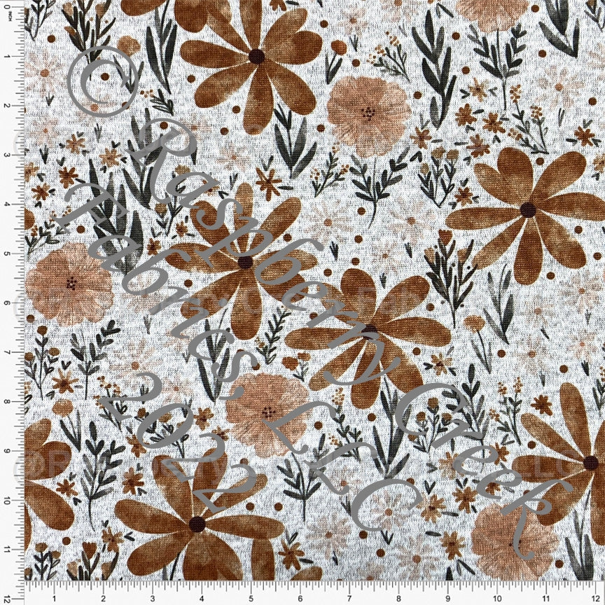 Brown Rust Peach and Deep Olive Green Boho Floral Brushed Heathered Hacci Sweater Knit Fabric, By Kim Henrie for CLUB Fabrics Fabric, Raspberry Creek Fabrics, watermarked