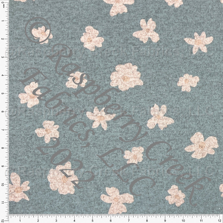 Dusty Blue and Light Peach Simple Daisy Floral Brushed Heathered Hacci Sweater Knit Fabric, By Kim Henrie for CLUB Fabrics