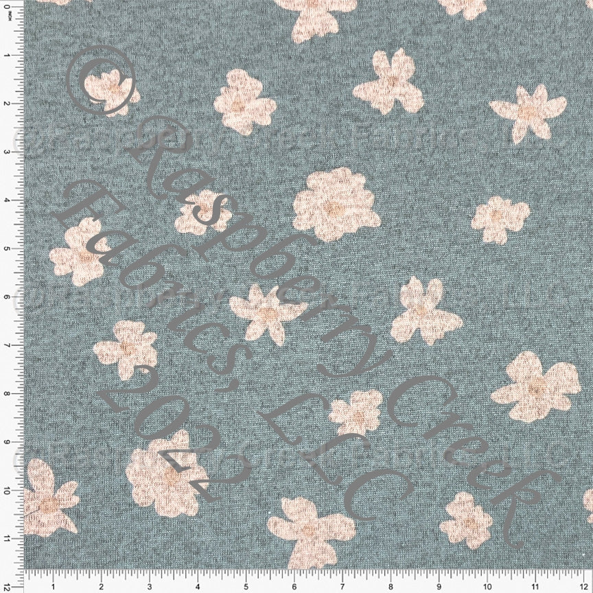 Dusty Blue and Light Peach Simple Daisy Floral Brushed Heathered Hacci Sweater Knit Fabric, By Kim Henrie for CLUB Fabrics Fabric, Raspberry Creek Fabrics, watermarked