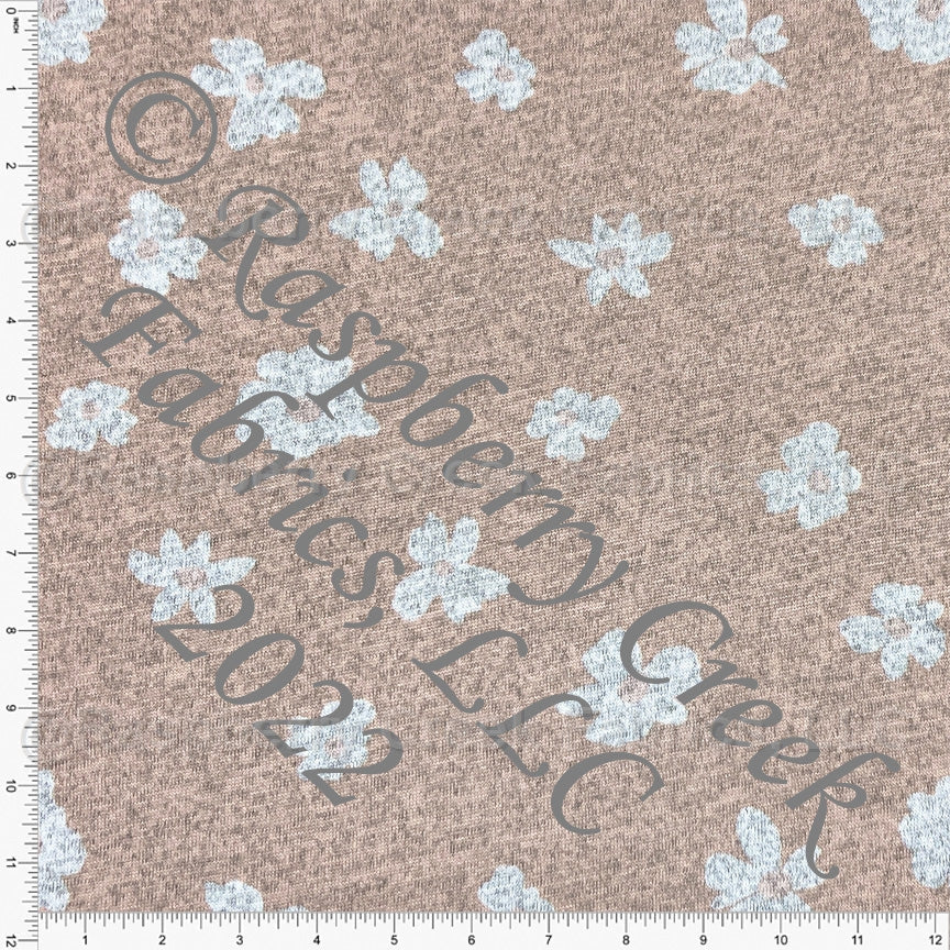 Tonal Peach and Grey Simple Daisy Floral Brushed Heathered Hacci Sweater Knit Fabric, By Kim Henrie for CLUB Fabrics Fabric, Raspberry Creek Fabrics, watermarked