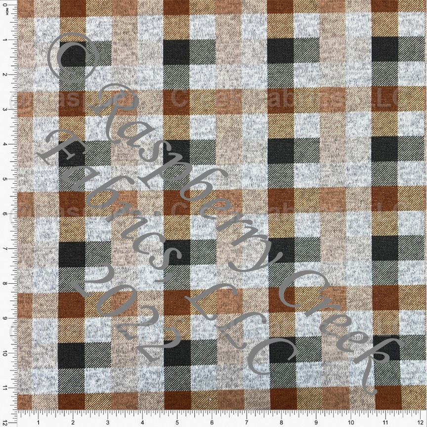 Brown Rust Peach and Deep Olive Green Boho Checker Plaid Brushed Heathered Hacci Sweater Knit Fabric, By Kim Henrie for CLUB Fabrics Fabric, Raspberry Creek Fabrics, watermarked