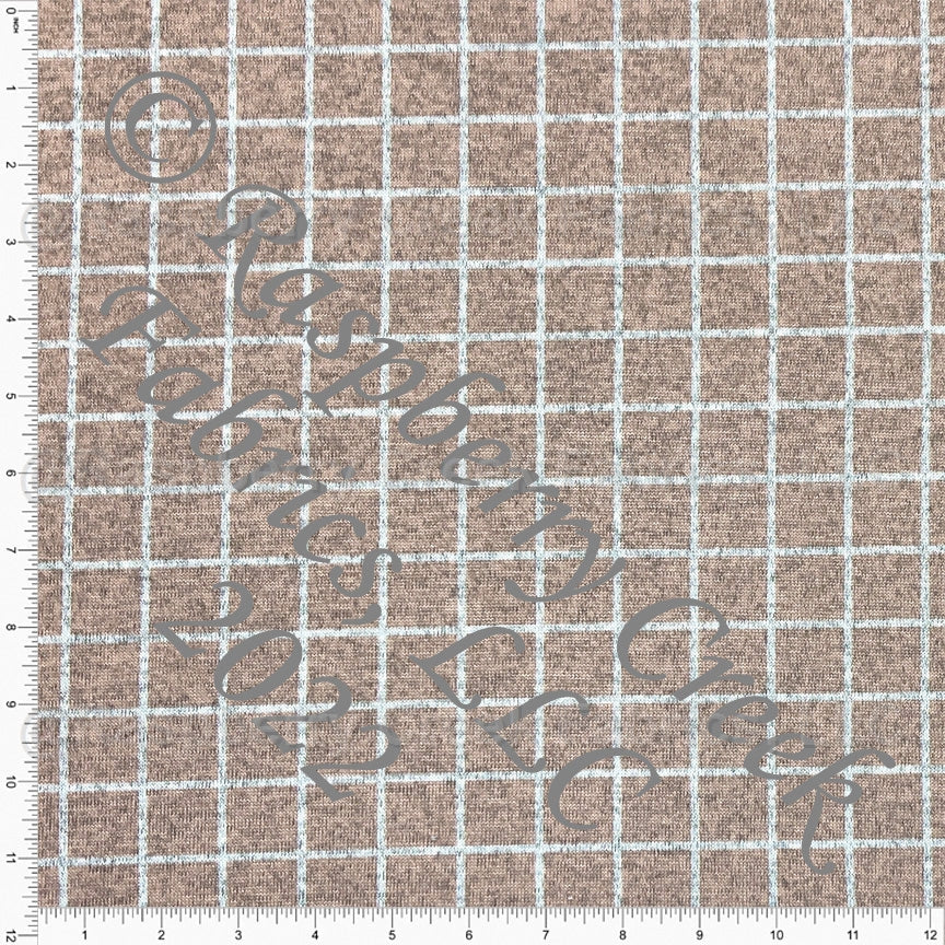 Tonal Peach and Grey Windowpane Plaid Brushed Heathered Hacci Sweater Knit Fabric, By Kim Henrie for CLUB Fabrics Fabric, Raspberry Creek Fabrics, watermarked