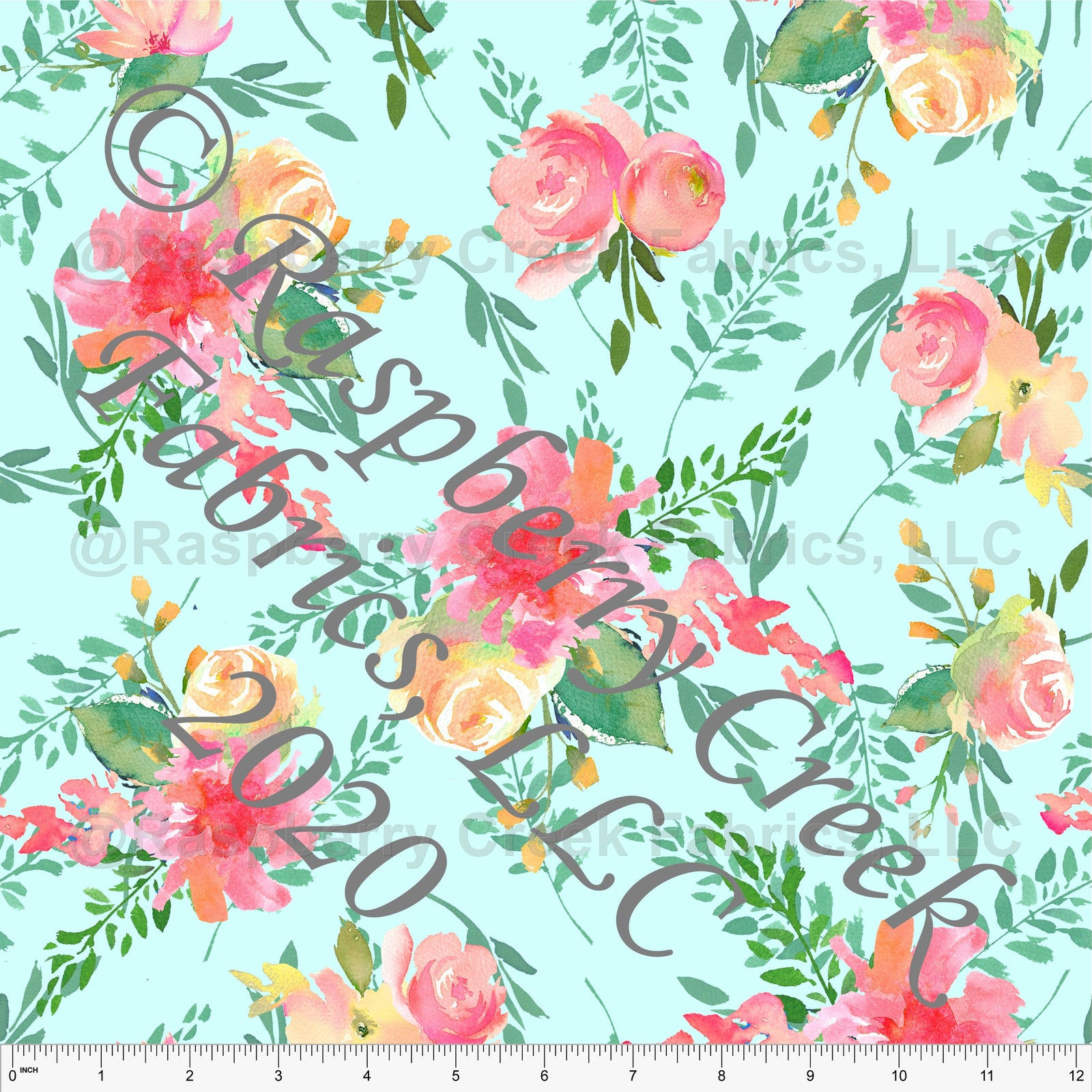 Aqua Fuchsia Coral Yellow and Green Floral Print Rayon Challis, CLUB Fabrics Fabric, Raspberry Creek Fabrics, watermarked