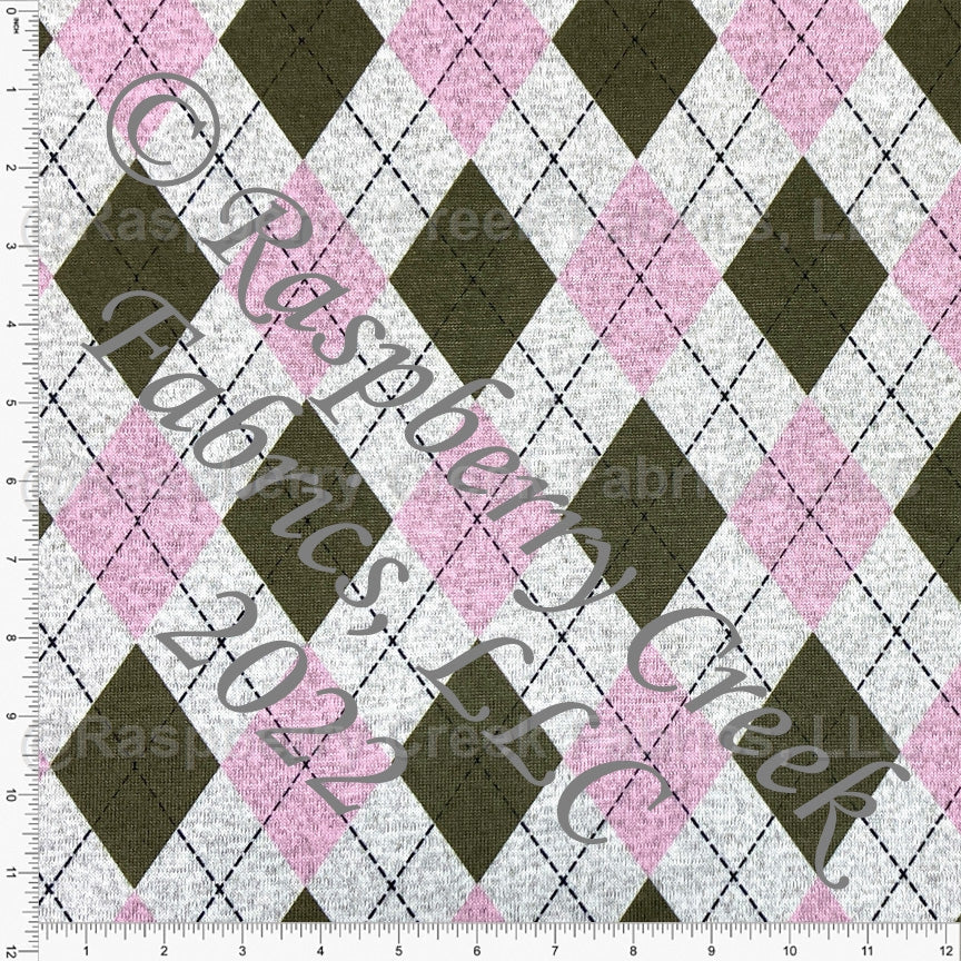 Bright Pink and Olive Green Argyle Brushed Heathered Hacci Sweater Knit Fabric, CLUB Fabrics Fabric, Raspberry Creek Fabrics, watermarked