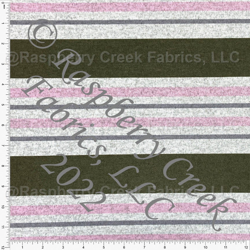 Bright Pink Olive Green and Grey Multi Stripe Brushed Heathered Hacci Sweater Knit Fabric, CLUB Fabrics Fabric, Raspberry Creek Fabrics, watermarked