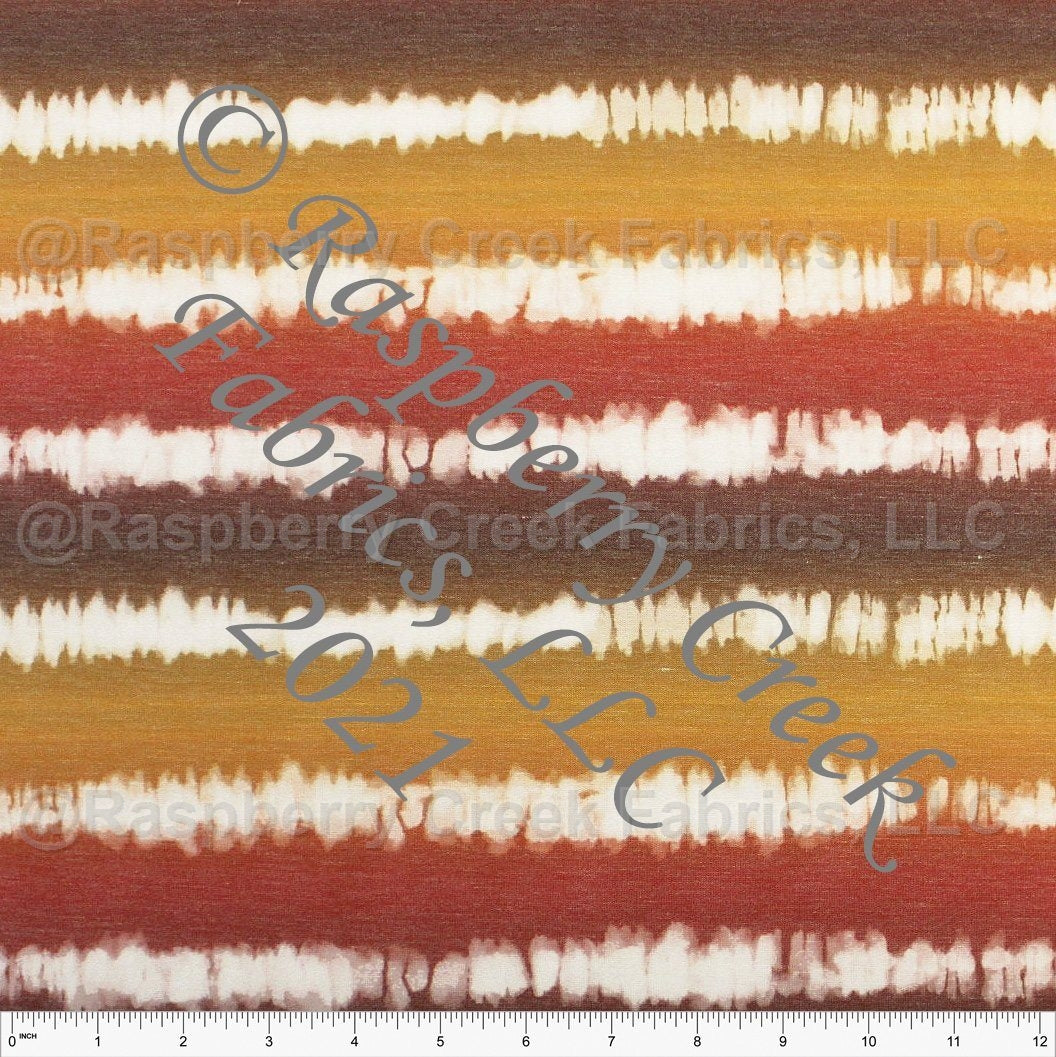 Rust Brown and Mustard Tie Dye Stripe Heathered FLEECE Sweatshirt Knit Fabric, CLUB Fabrics Fabric, Raspberry Creek Fabrics, watermarked