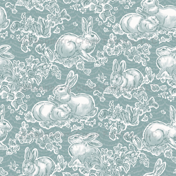 BunnyBerry Meadow, Rabbit Toile de Jouy, Aqua - Raspberry Creek Fabrics