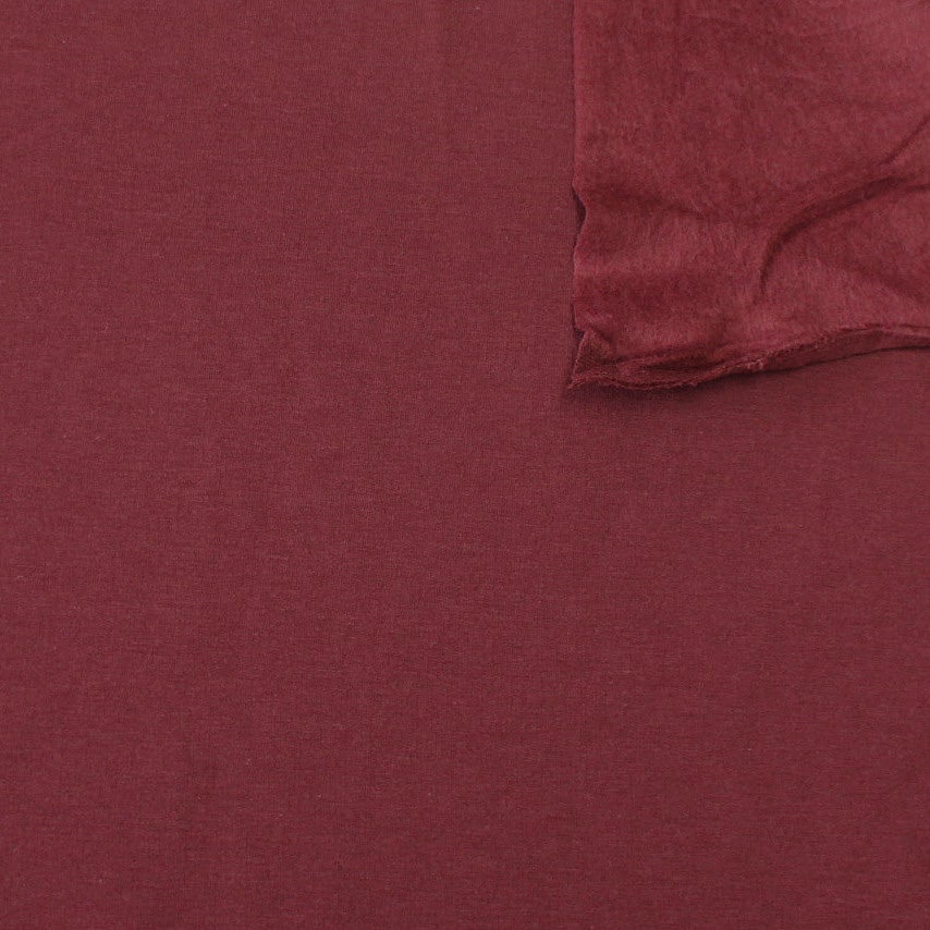 Solid Burgundy Bamboo Cotton Spandex 4 Way Stretch Sweatshirt Fleece Fabric, Raspberry Creek Fabrics, watermarked, restored