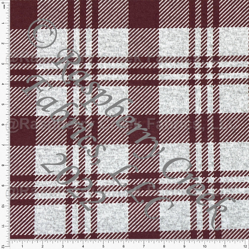 Tonal Burgundy and Grey Plaid Brushed Heathered Hacci Sweater Knit Fabric, CLUB Fabrics Fabric, Raspberry Creek Fabrics, watermarked