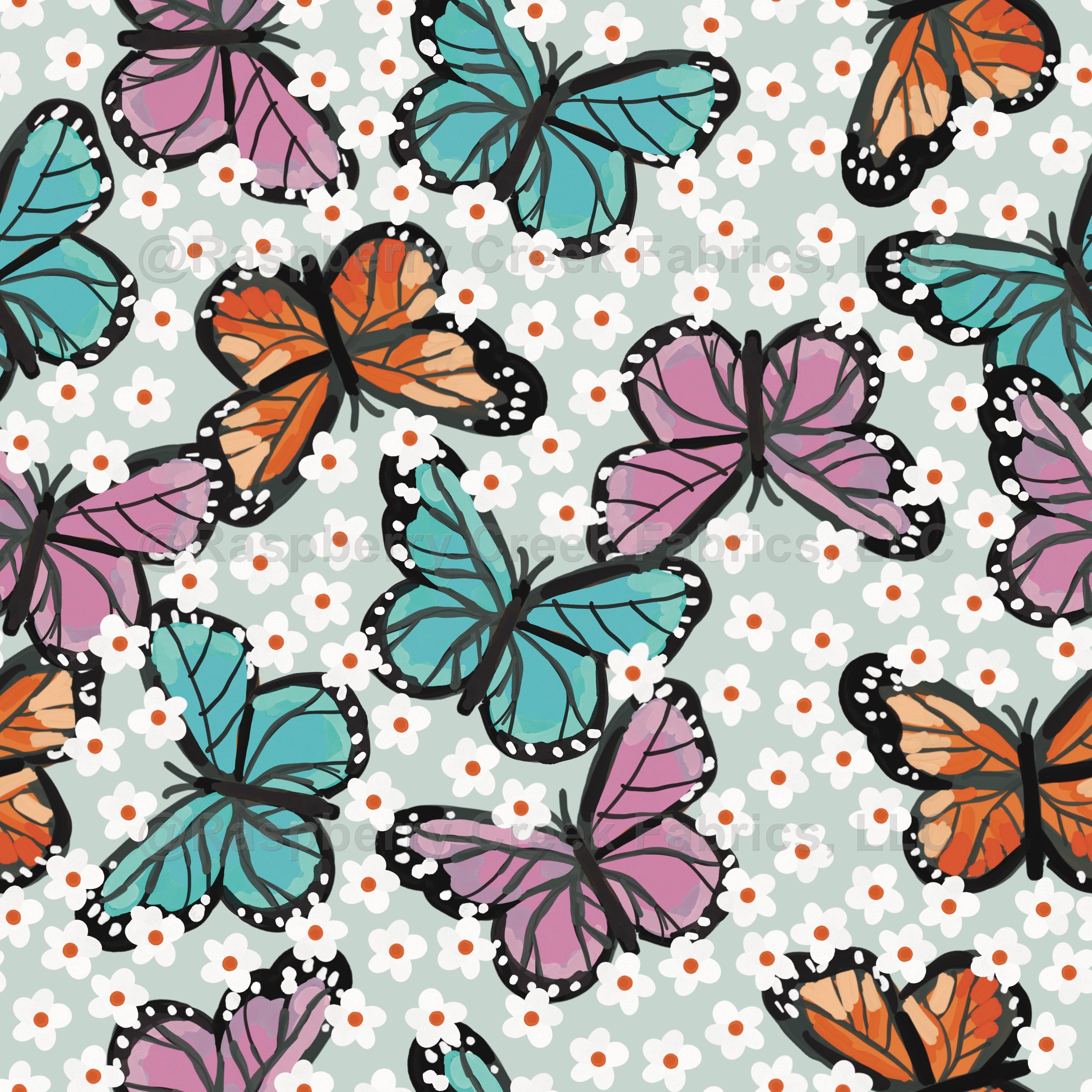 Daisy Butterfly Fabric, Raspberry Creek Fabrics, watermarked