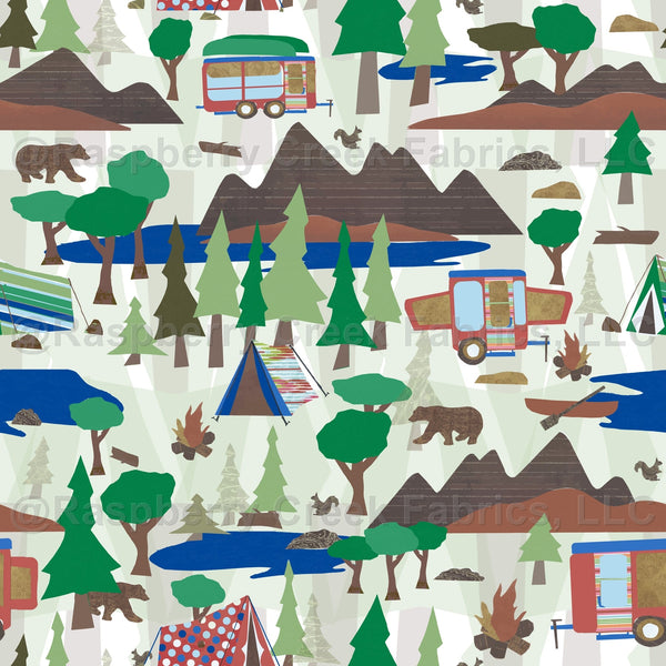 Kelly Green Royal Blue and Brown Camping Print Fabric, By Elise Peters ...