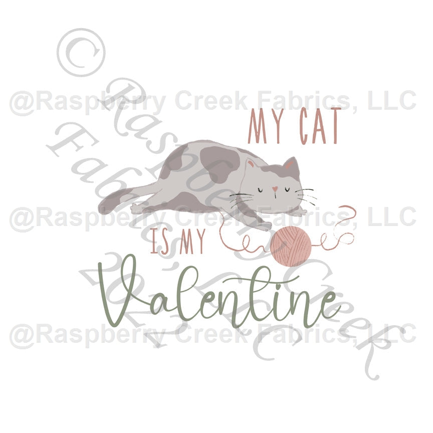 Grey Mauve and Sage My Cat Is My Valentine Panel, Cat Day by Brittney Laidlaw for CLUB Fabrics Fabric, Raspberry Creek Fabrics, watermarked