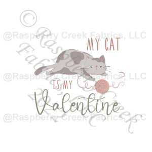 Grey Mauve and Sage My Cat Is My Valentine Panel, Cat Day by Brittney Laidlaw for CLUB Fabrics Fabric, Raspberry Creek Fabrics, watermarked