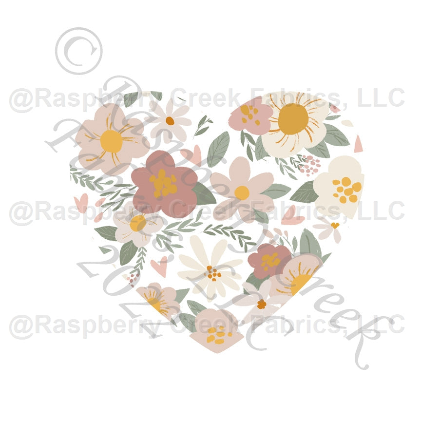 Sage Mauve Dusty Pink Mustard and Cream Floral Heart Panel, Cat Day by Brittney Laidlaw for CLUB Fabrics Fabric, Raspberry Creek Fabrics, watermarked