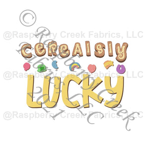 Khaki Yellow Pink Green and Blue Cerealsly Lucky Panel, Cerealsly Lucky by Bri Powell for CLUB Fabrics Fabric, Raspberry Creek Fabrics, watermarked