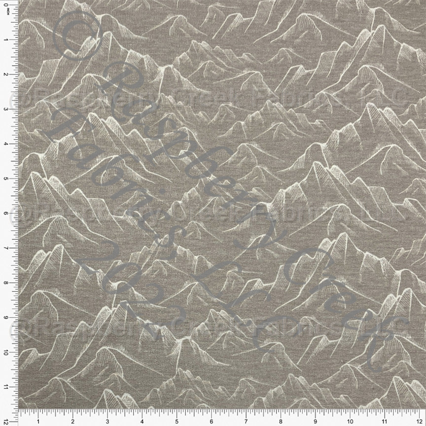Two Tone Chocolate and Light Brown Sketeched Mountain Heathered FLEECE Sweatshirt Knit Fabric, CLUB Fabrics Fabric, Raspberry Creek Fabrics, watermarked