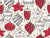 Christmas Collection:  Red and white ornaments on cream background with stars, balls, striped, polka dots and teardrop styles from a Christmas tree. Image