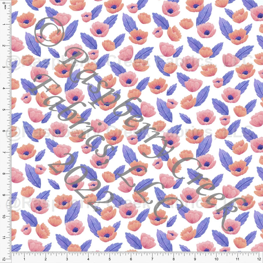 White Coral Salmon Navy and Azure Blue Ditsy Poppy Floral Print Rayon Challis, By Janelle Coury for CLUB Fabrics Fabric, Raspberry Creek Fabrics, watermarked