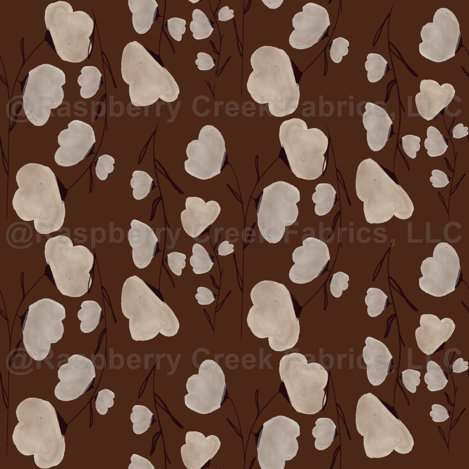 Cotton Flower Brown , Raspberry Creek Fabrics, watermarked