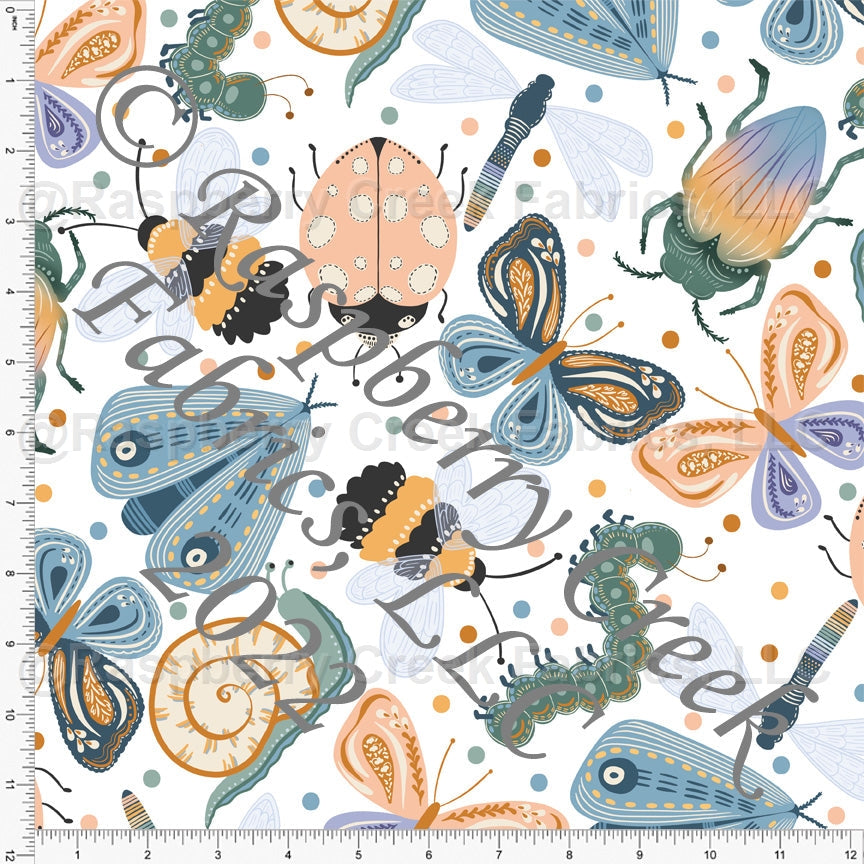 Dusty Green Blue Yellow Purple and Peach Bug Insect Minky Cuddle Fabric, Cozy Crawlers by Kelsy Shaw for CLUB Fabrics Fabric, Raspberry Creek Fabrics, watermarked