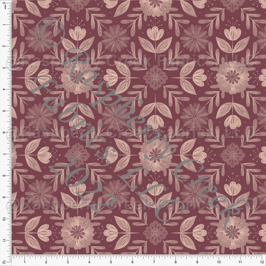 Tonal Plum and Cream Cozy Folk Floral Print Stretch Crepe, By Janelle Coury for CLUB Fabrics Fabric, Raspberry Creek Fabrics, watermarked