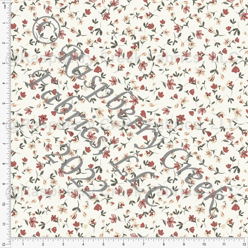 Cream Grey and Mauve Tossed Ditsy Floral Print Ponte De Roma Knit Fabric, CLUB Fabrics Fabric, Raspberry Creek Fabrics, watermarked