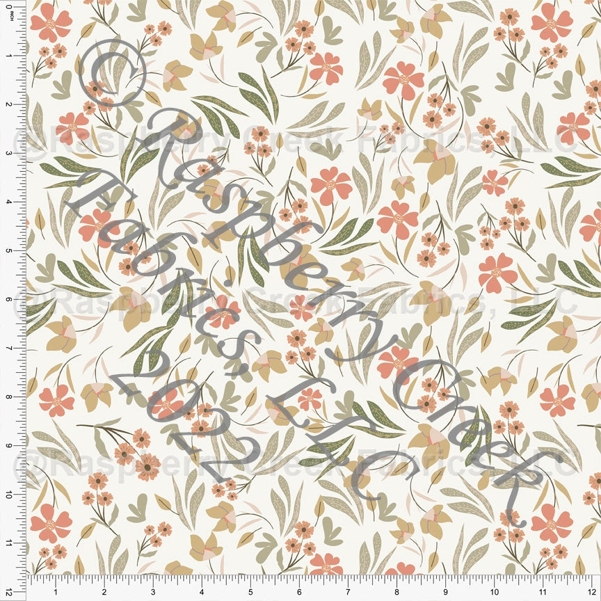 Deep Coral Sage Mustard and Green Whispy Floral Print Rayon Challis, CLUB Fabrics Fabric, Raspberry Creek Fabrics, watermarked