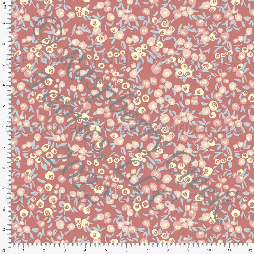 Mauve Dusty Pink Light Blue and Yellow Ditsy Floral Print Stretch Crepe, By Brittney Laidlaw for CLUB Fabrics Fabric, Raspberry Creek Fabrics, watermarked