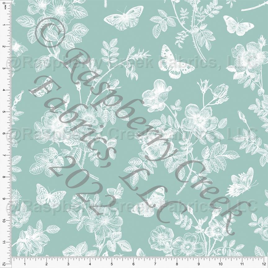 Dusty Mint and White Butterfly Floral Toile Print Stretch Crepe, CLUB Fabrics Fabric, Raspberry Creek Fabrics, watermarked