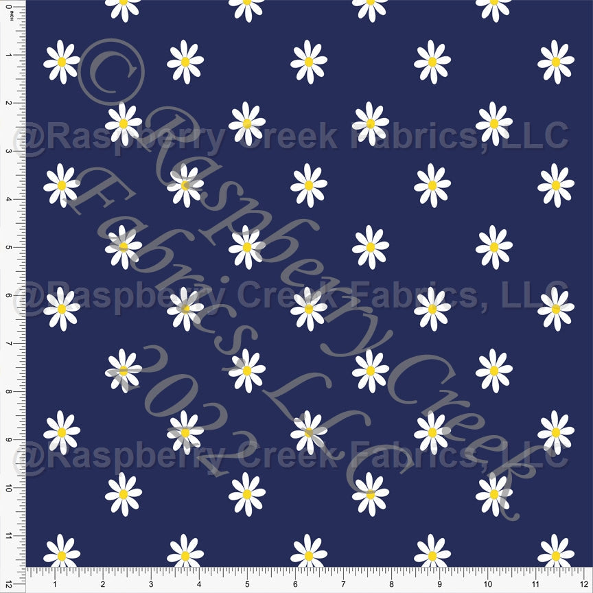 Navy Blue Yellow and White Daisy Floral Print Stretch Crepe, CLUB
