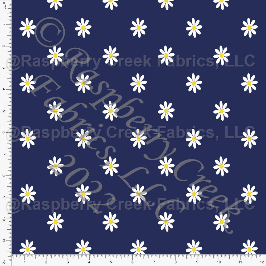Navy Blue Yellow and White Daisy Floral Print Stretch Crepe, CLUB Fabrics Fabric, Raspberry Creek Fabrics, watermarked