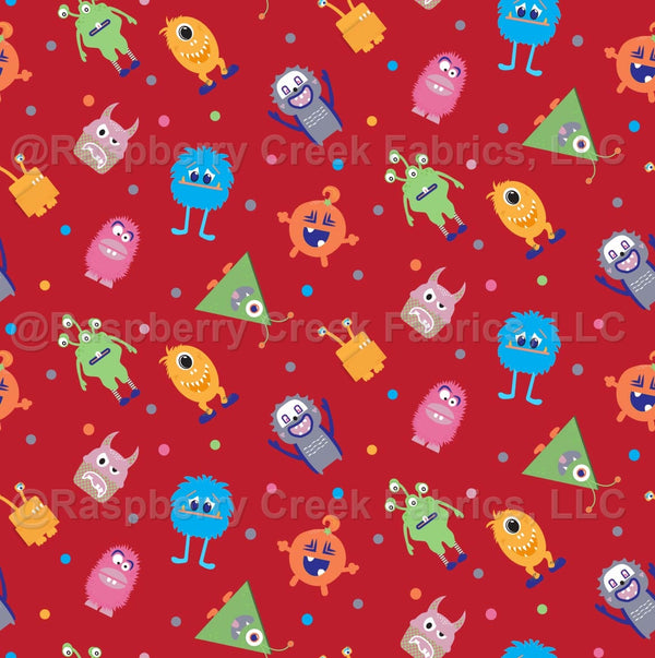 Cute Little Monsters - Red Background - Raspberry Creek Fabrics