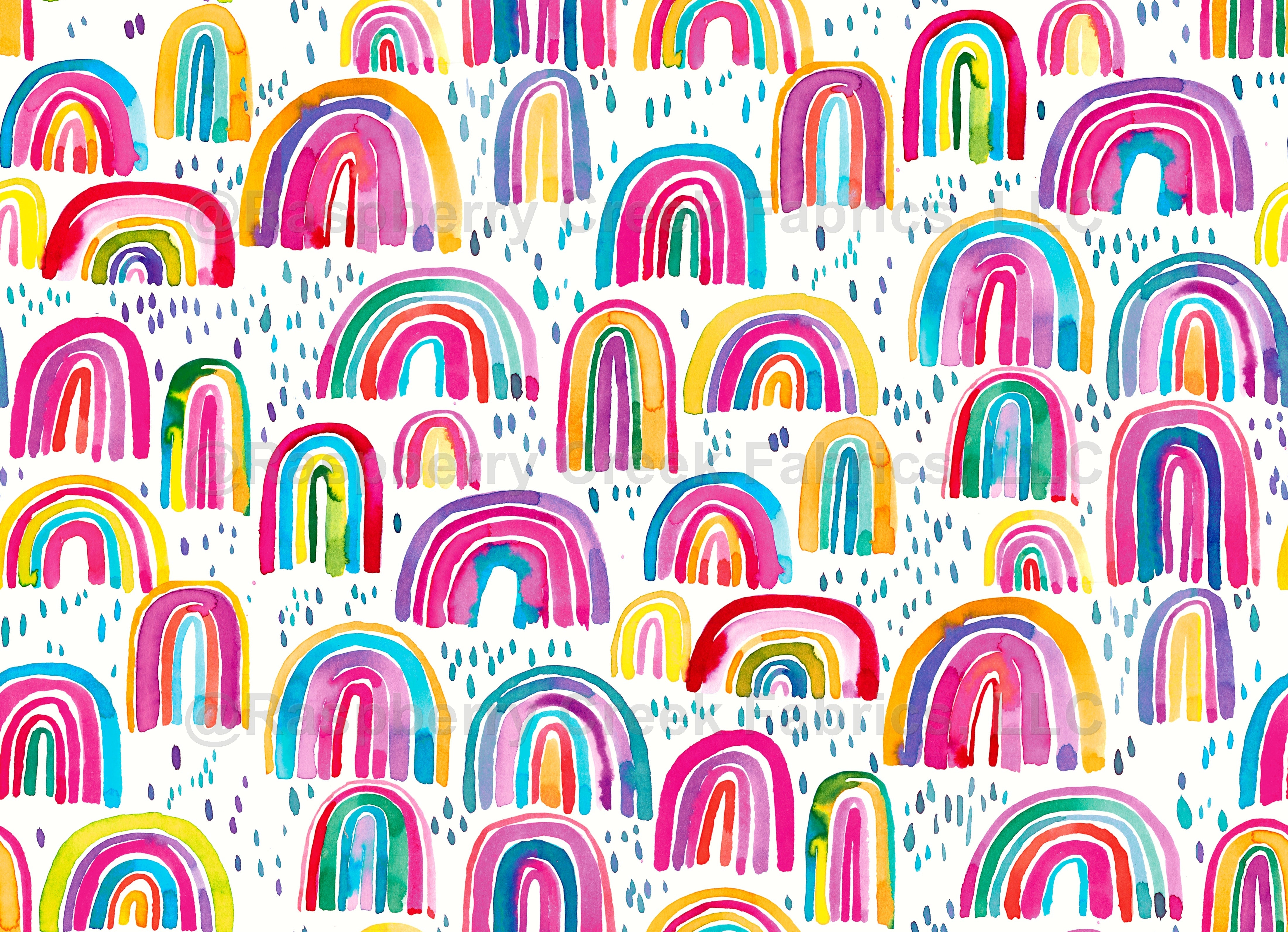 Cute Colorful Rainbows Fabric, Raspberry Creek Fabrics, watermarked