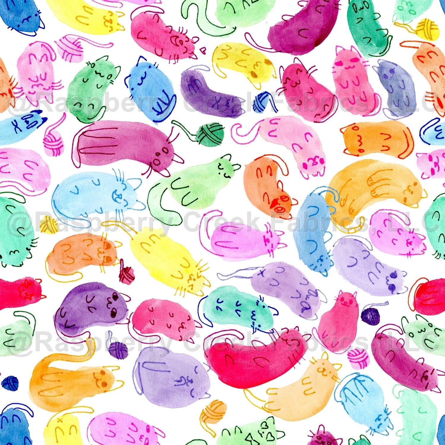 Avree's Watercolor Jellybean Cats Fabric, Raspberry Creek Fabrics, watermarked